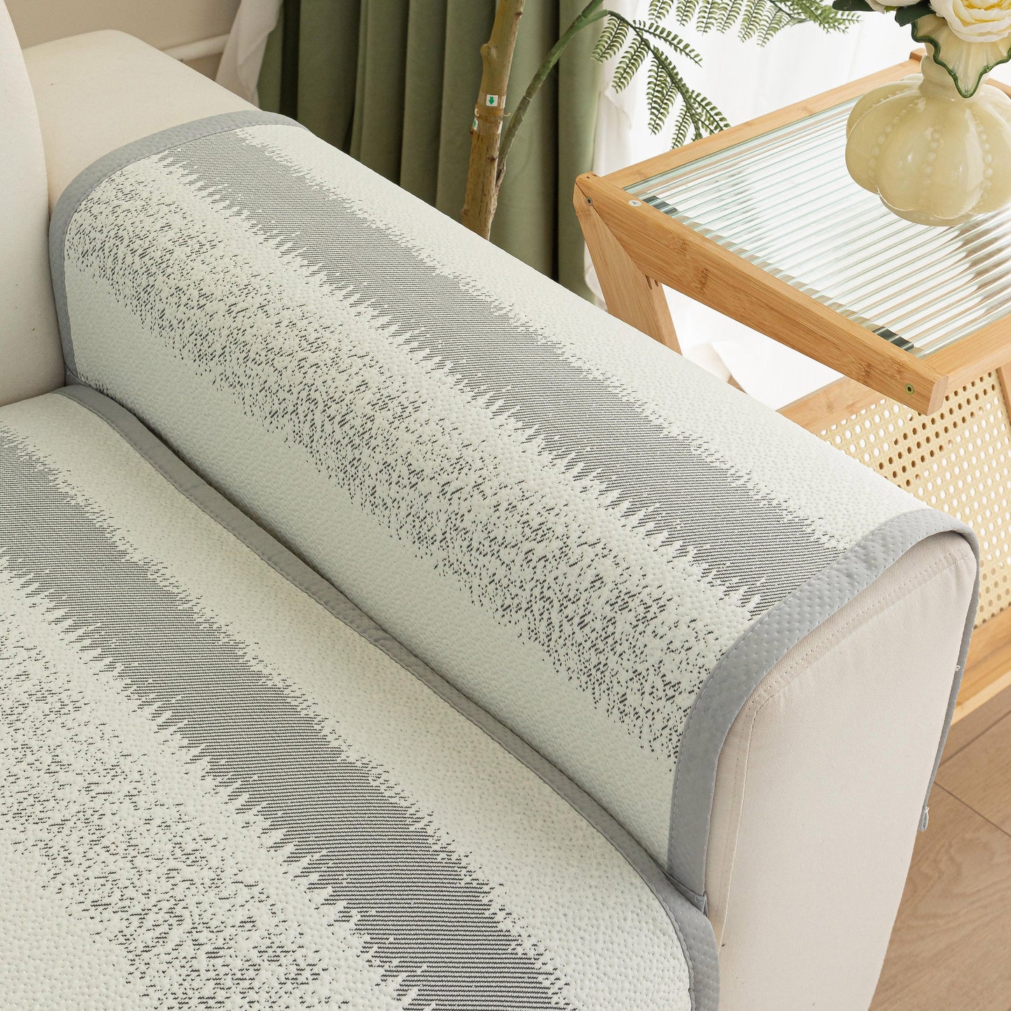 Striped Non-Slip Cooling Couch Cover on armrest and seat, Summer Couch Pads for Seat Back Armrest in a living room setting