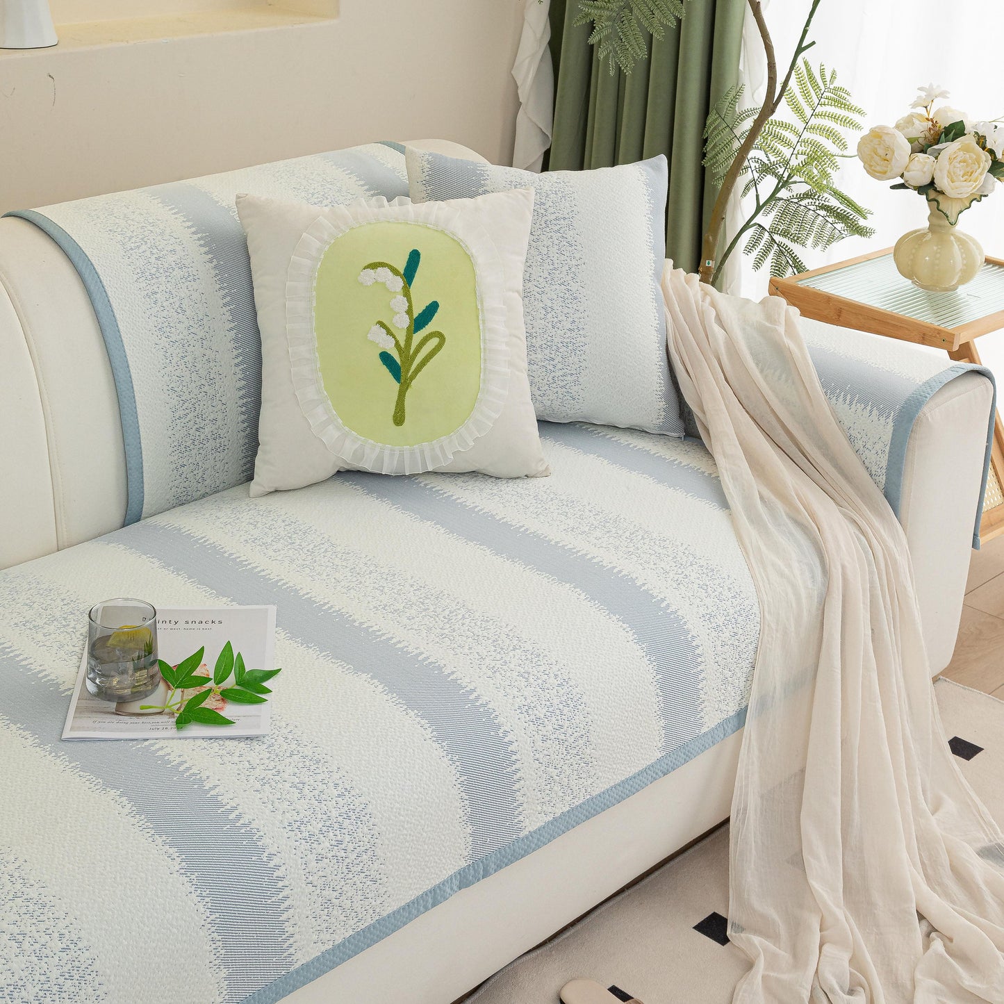 Striped Non-Slip Cooling Couch Cover, Summer Couch Pads for Seat Back Armrest on a white sofa