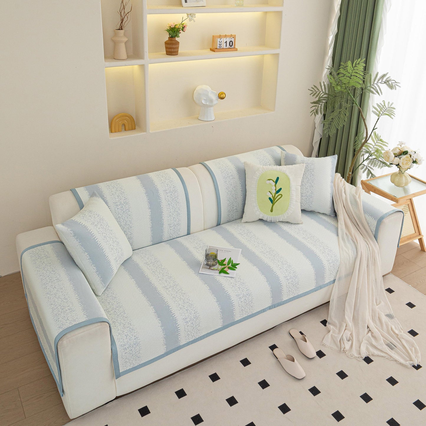 Striped Non-Slip Cooling Couch Cover, Summer Couch Pads for Seat Back Armrest in a living room setting.