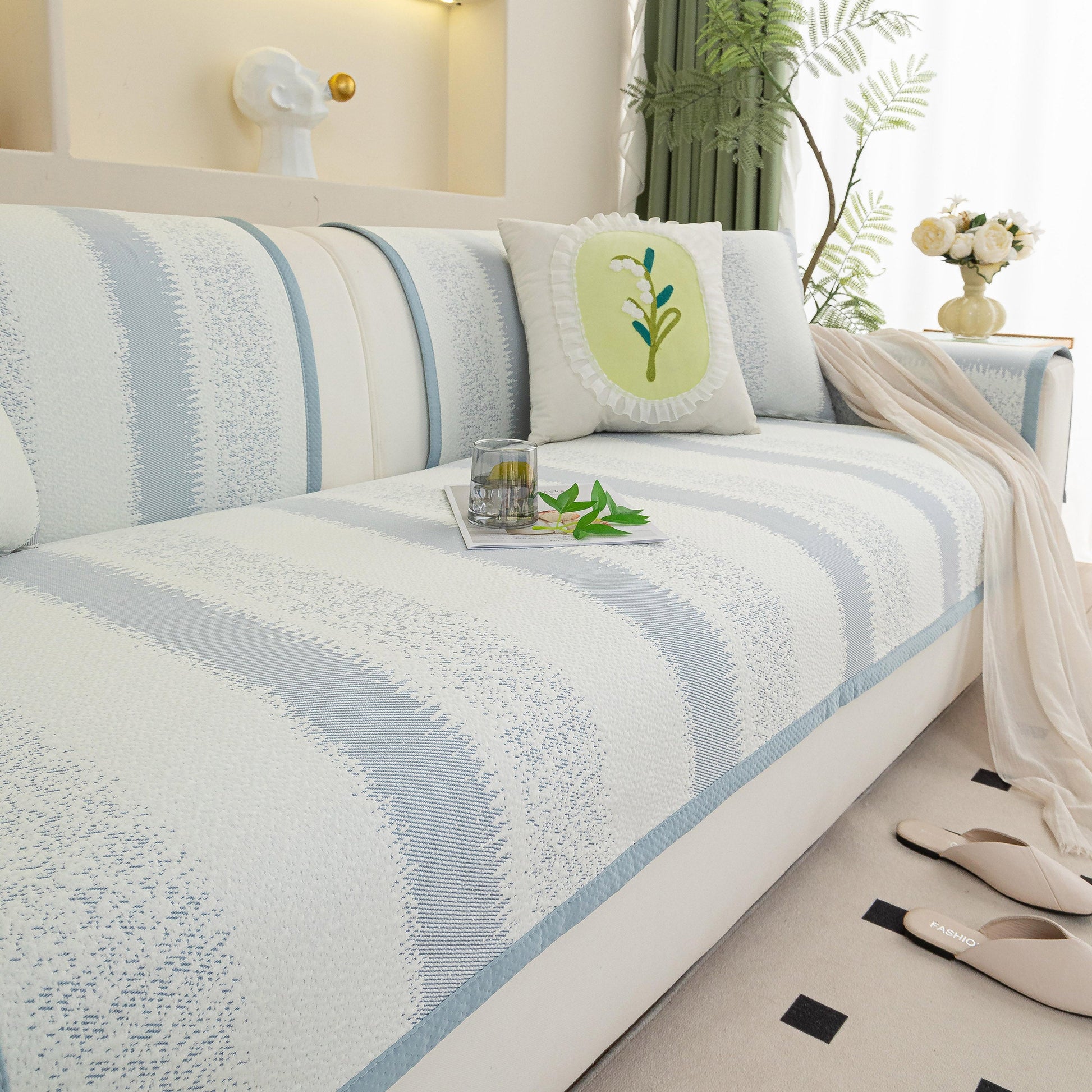 Striped Non-Slip Cooling Couch Cover, Summer Couch Pads for Seat Back Armrest on modern living room sofa.