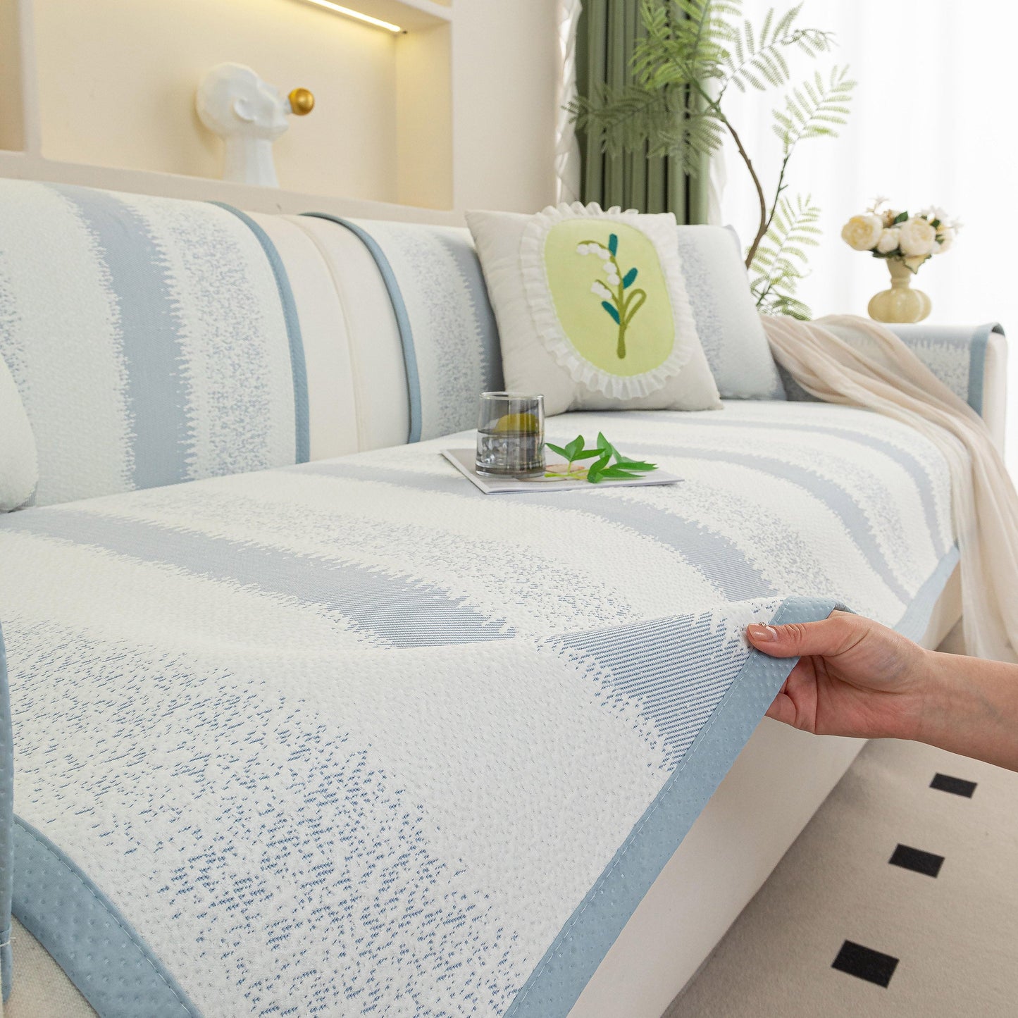 Striped Non-Slip Cooling Couch Cover, Summer Couch Pads for Seat Back Armrest in ice silk fabric displayed on a white sofa.