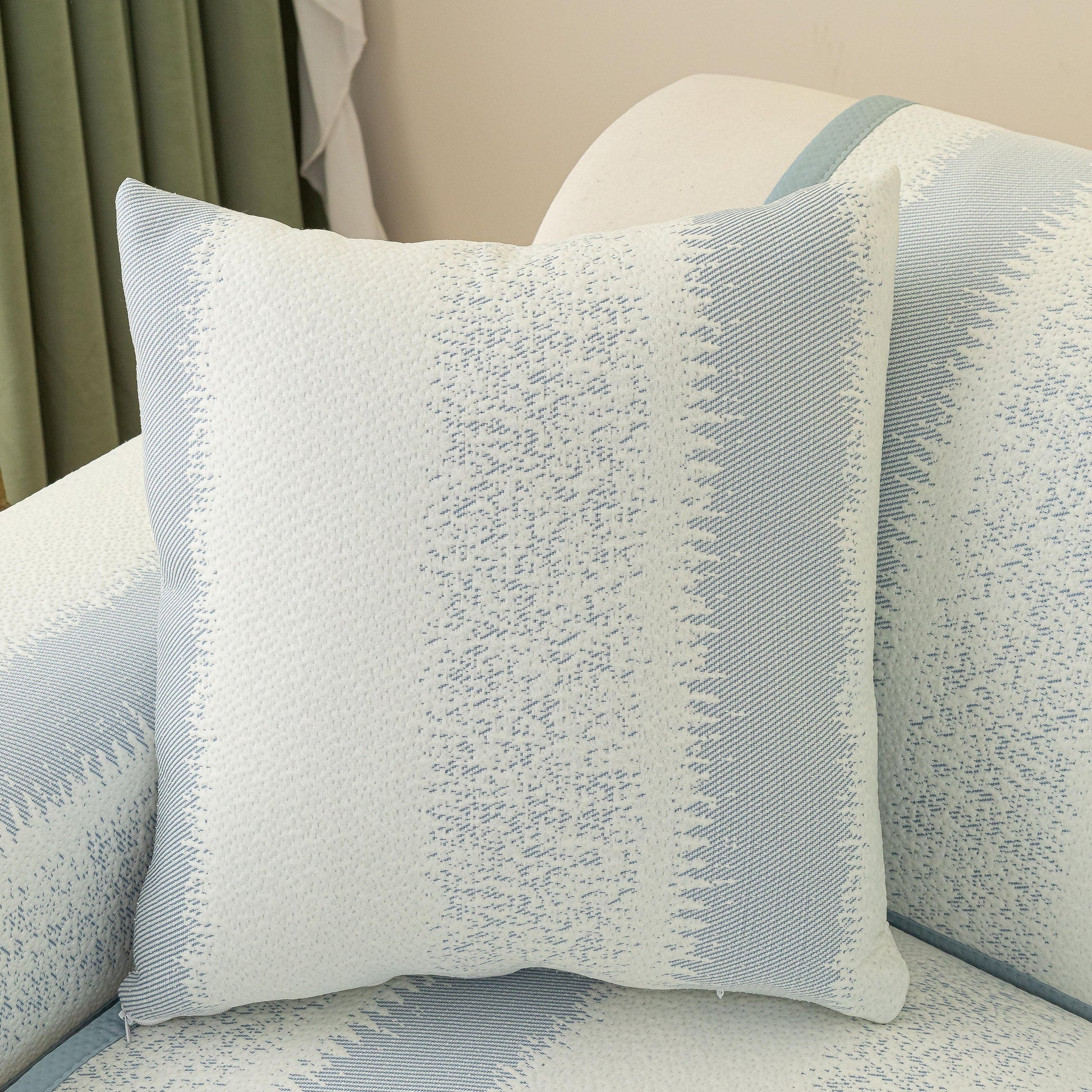 Striped Non-Slip Cooling Couch Cover, Summer Couch Pads for Seat Back Armrest showcasing pillow detail on couch.