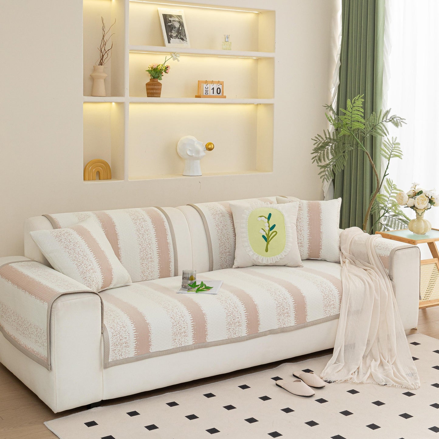 Striped Non-Slip Cooling Couch Cover, Summer Couch Pads for Seat Back Armrest on a modern sofa in a stylish living room.