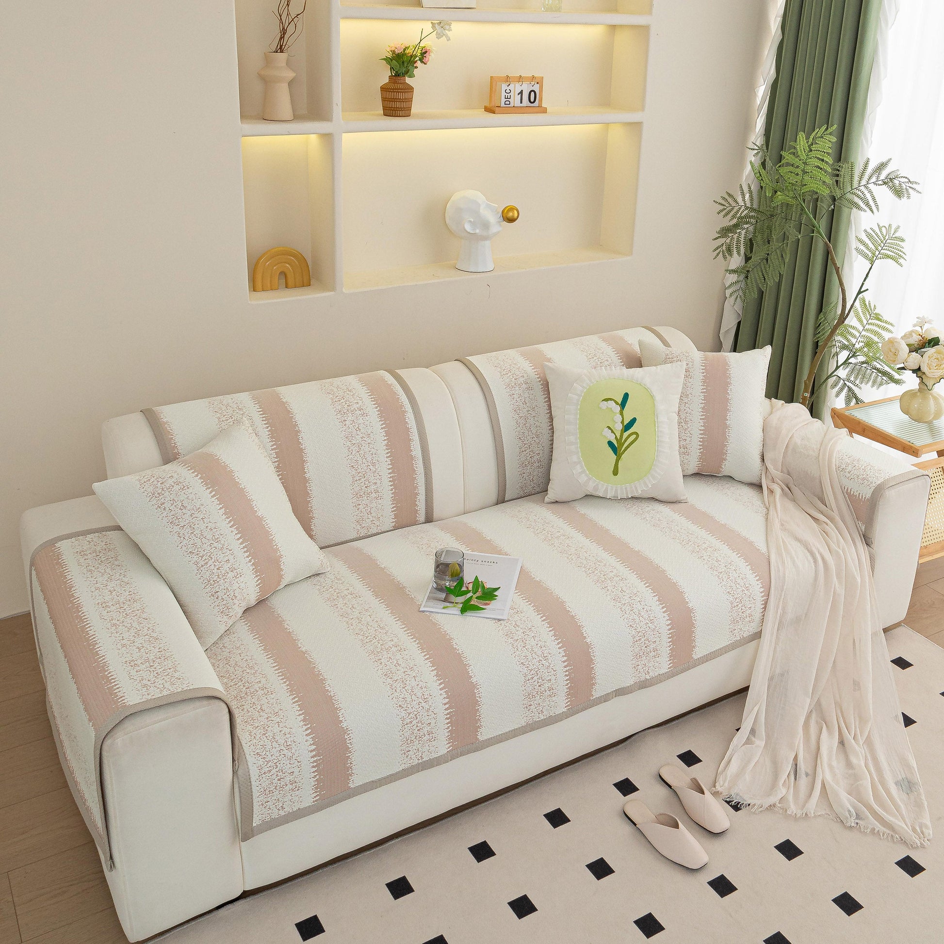 Striped Non-Slip Cooling Couch Cover, Summer Couch Pads for Seat Back Armrest in a stylish living room setting.