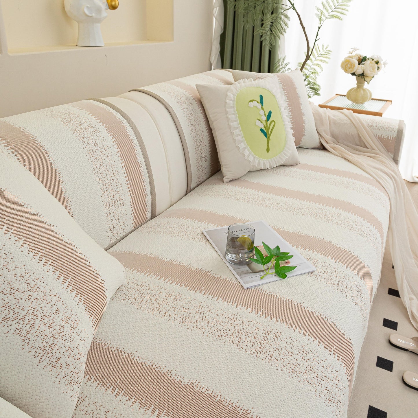 Striped Non-Slip Cooling Couch Cover, Summer Couch Pads for Seat Back Armrest with breathable ice silk fabric in a stylish setting.