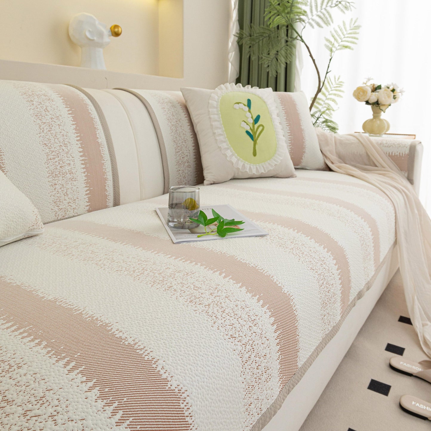 Striped Non-Slip Cooling Couch Cover, Summer Couch Pads for Seat Back Armrest in modern living room setting.