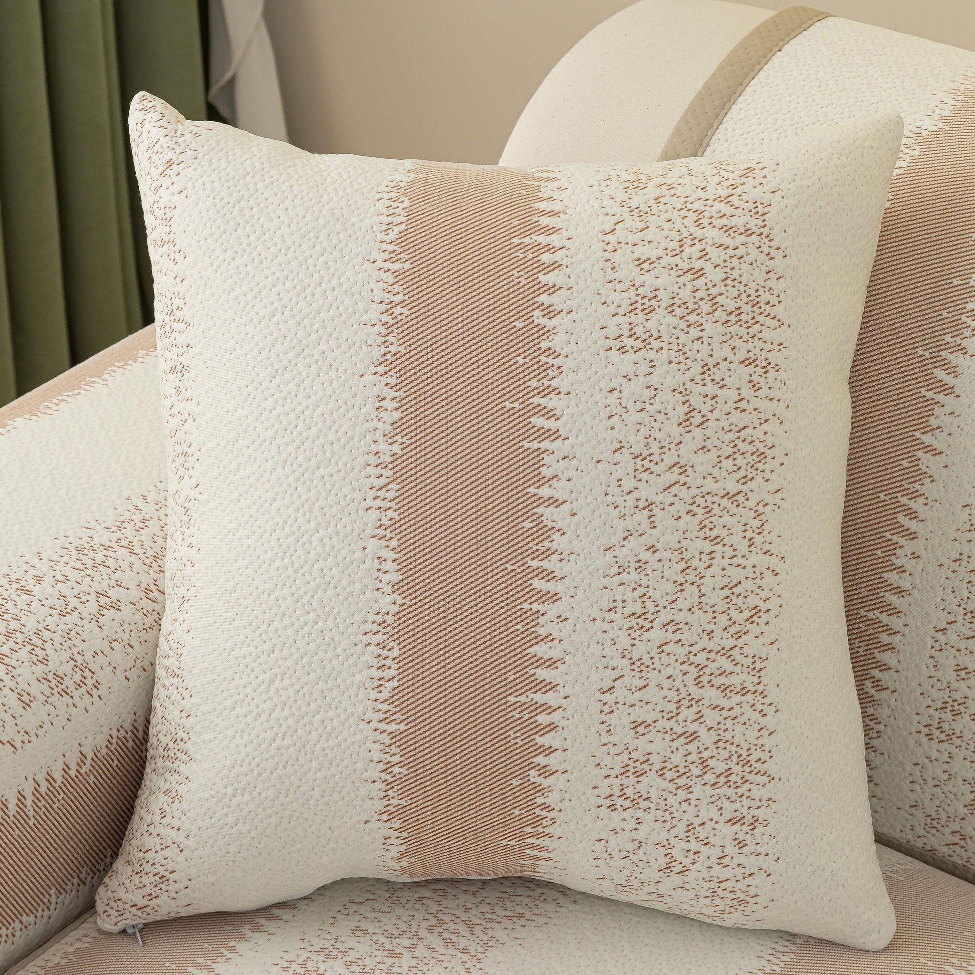 Striped Non-Slip Cooling Couch Cover, Summer Couch Pads for Seat Back Armrest shown on a sofa with matching pillow.
