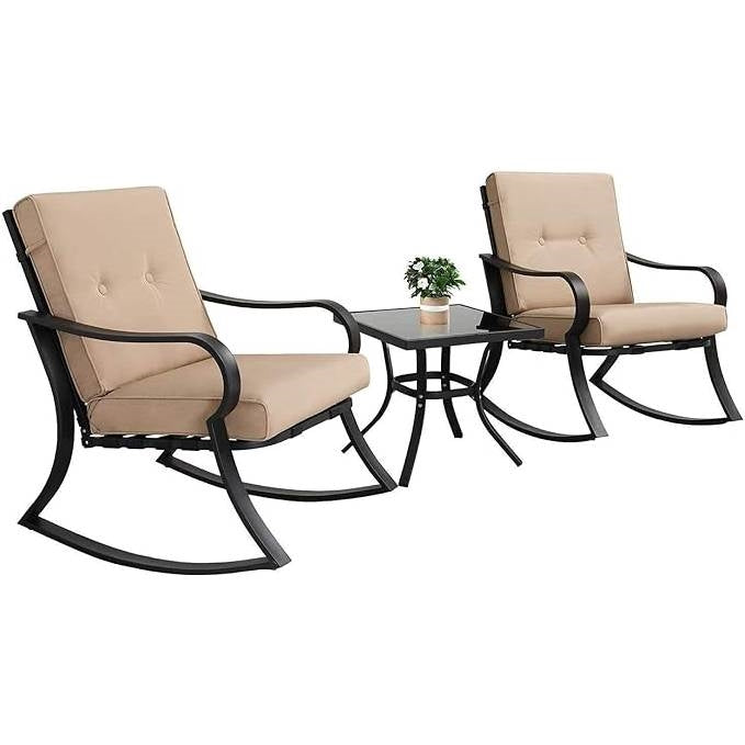 3-Piece Outdoor Patio Furniture Table Rocking Chairs Set with Beige Cushions featuring two rocking chairs and a table.