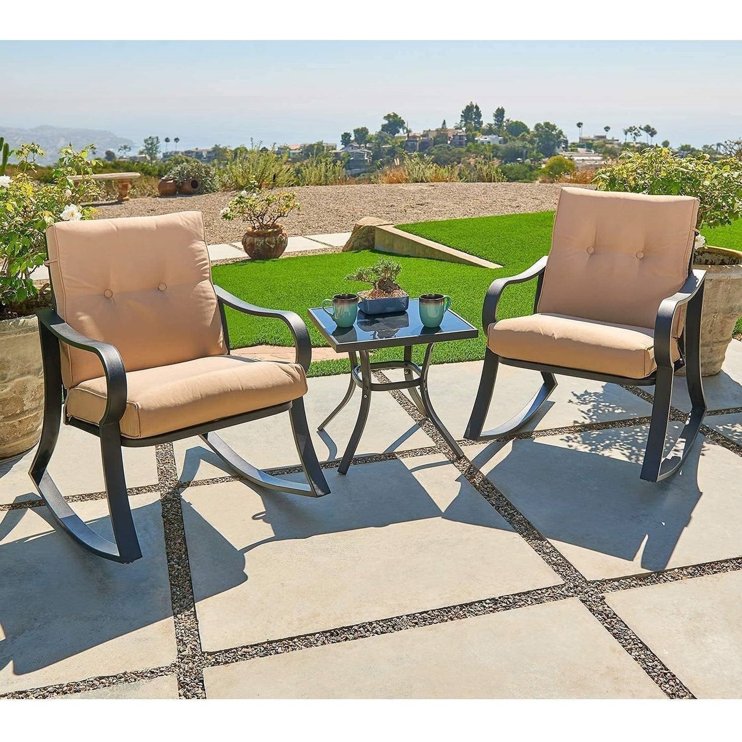 3-Piece Outdoor Patio Furniture Table Rocking Chairs Set with Beige Cushions on patio with scenic view.