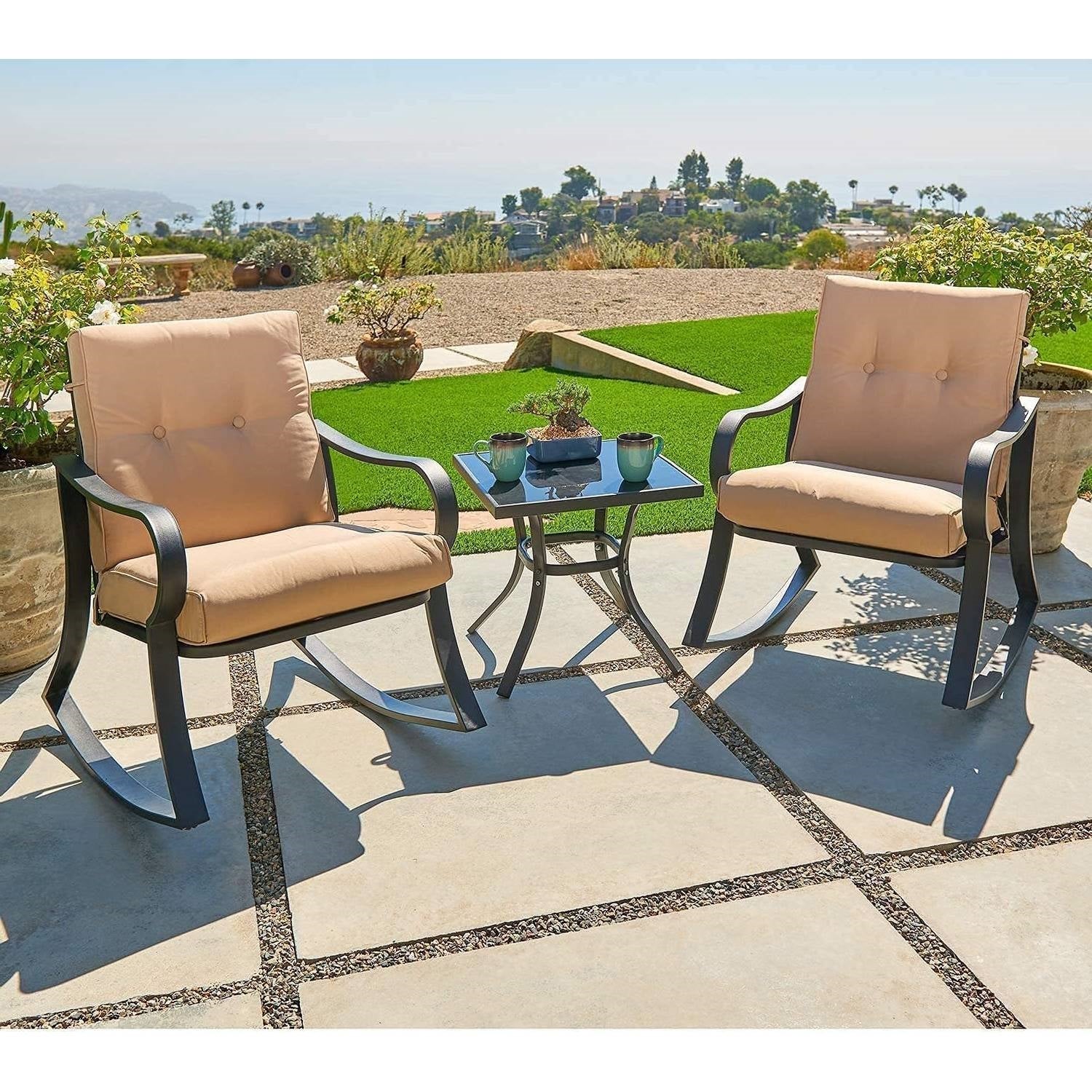 3-Piece Outdoor Patio Furniture Table Rocking Chairs Set with Beige Cushions on patio with scenic view.