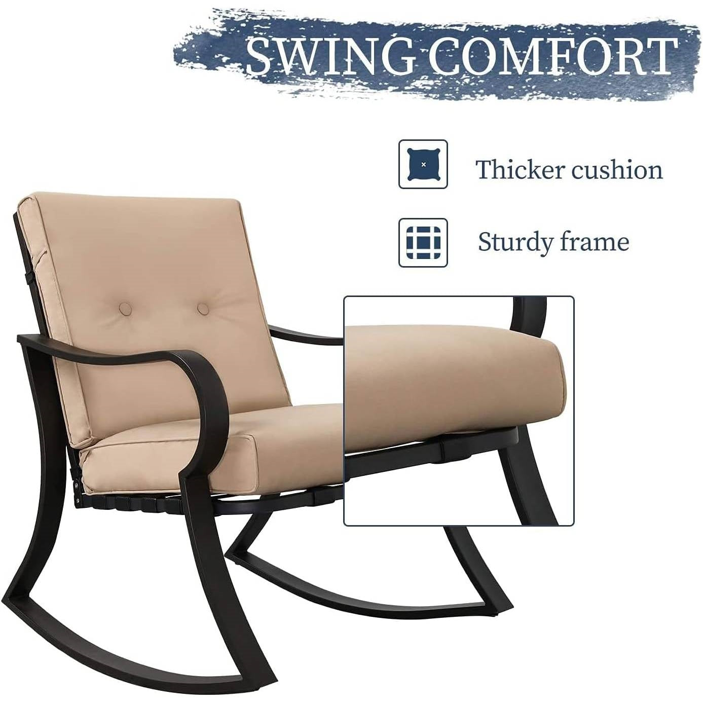 3-Piece Outdoor Patio Furniture Table Rocking Chairs Set with Beige Cushions showing thick beige cushion and sturdy metal frame.