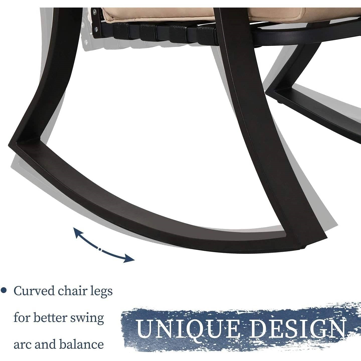Close-up of rocking chair legs from 3-Piece Outdoor Patio Furniture Table Rocking Chairs Set with Beige Cushions showcasing unique design.