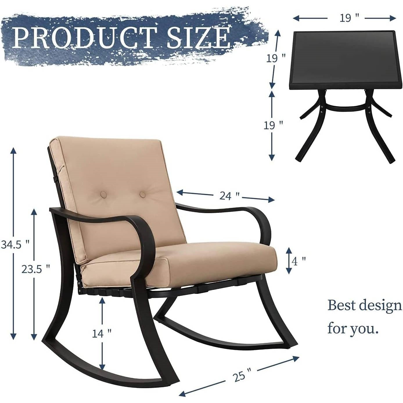 3-Piece Outdoor Patio Furniture Table Rocking Chairs Set with Beige Cushions featuring chair and table dimensions.