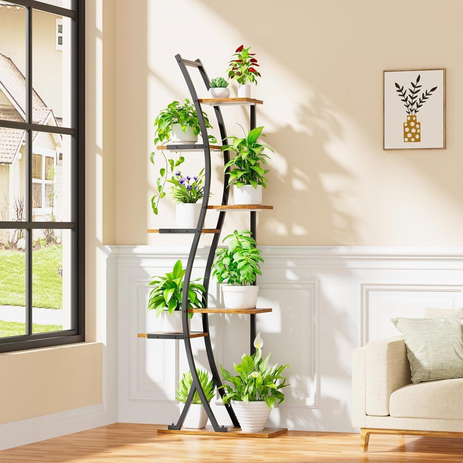 63-inch Tall Modern 6-Shelf Indoor Plant Stand Shelving Unit with full-spectrum grow lights and various indoor plants.