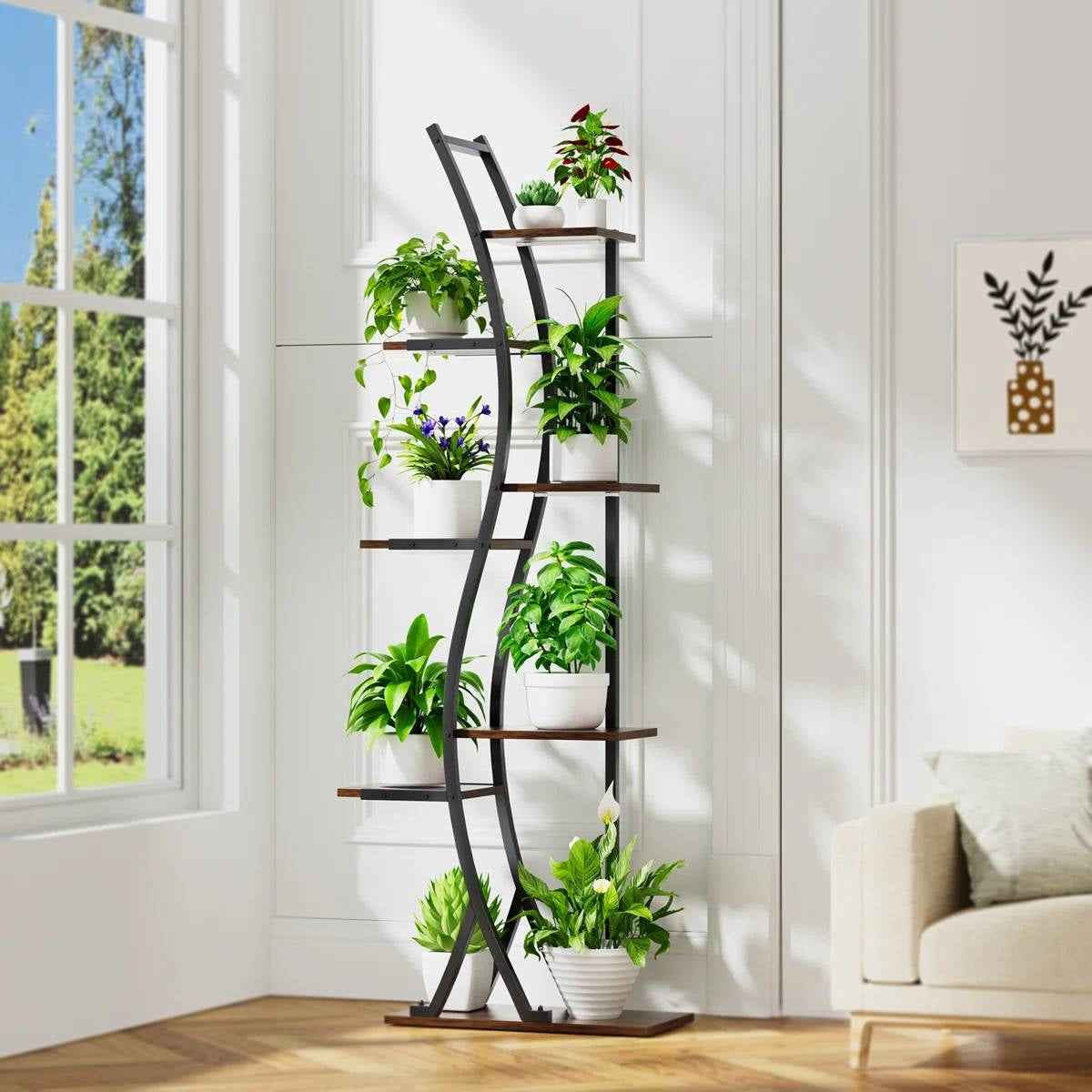 63-inch Tall Modern 6-Shelf Indoor Plant Stand Shelving Unit with full-spectrum grow lights for healthy plant growth indoors.