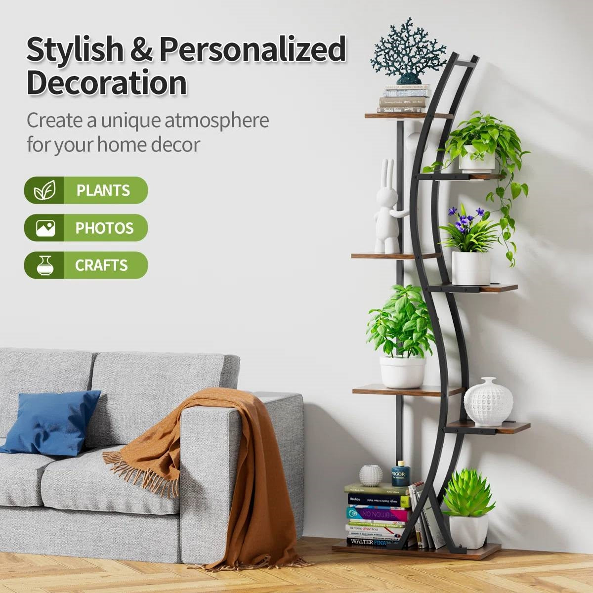 63-inch Tall Modern 6-Shelf Indoor Plant Stand Shelving Unit with decorative plants and personal decor in a living room setting.