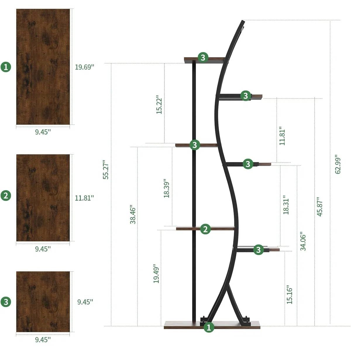 Dimensions and structure of the 63-inch Tall Modern 6-Shelf Indoor Plant Stand Shelving Unit with measurements.