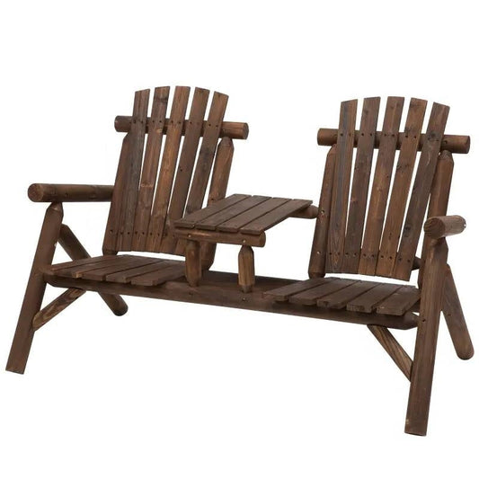 Adirondack Patio 2 Chair Lounger with Center Coffee Table Brown made from fir wood for outdoor seating and relaxation.