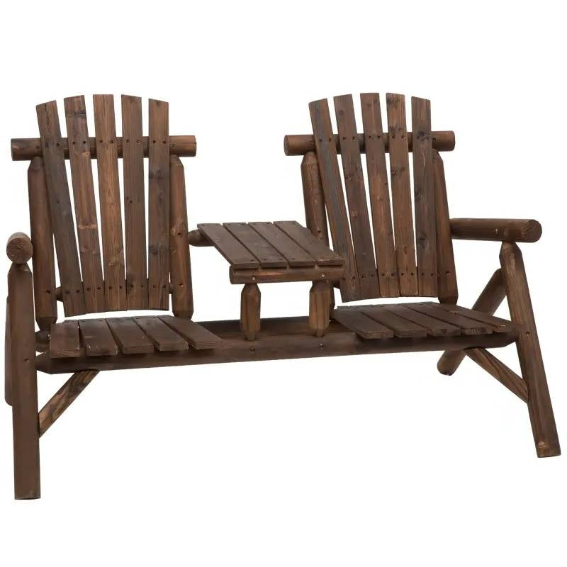 Adirondack Patio 2 Chair Lounger with Center Coffee Table Brown made of natural fir wood for outdoor seating.