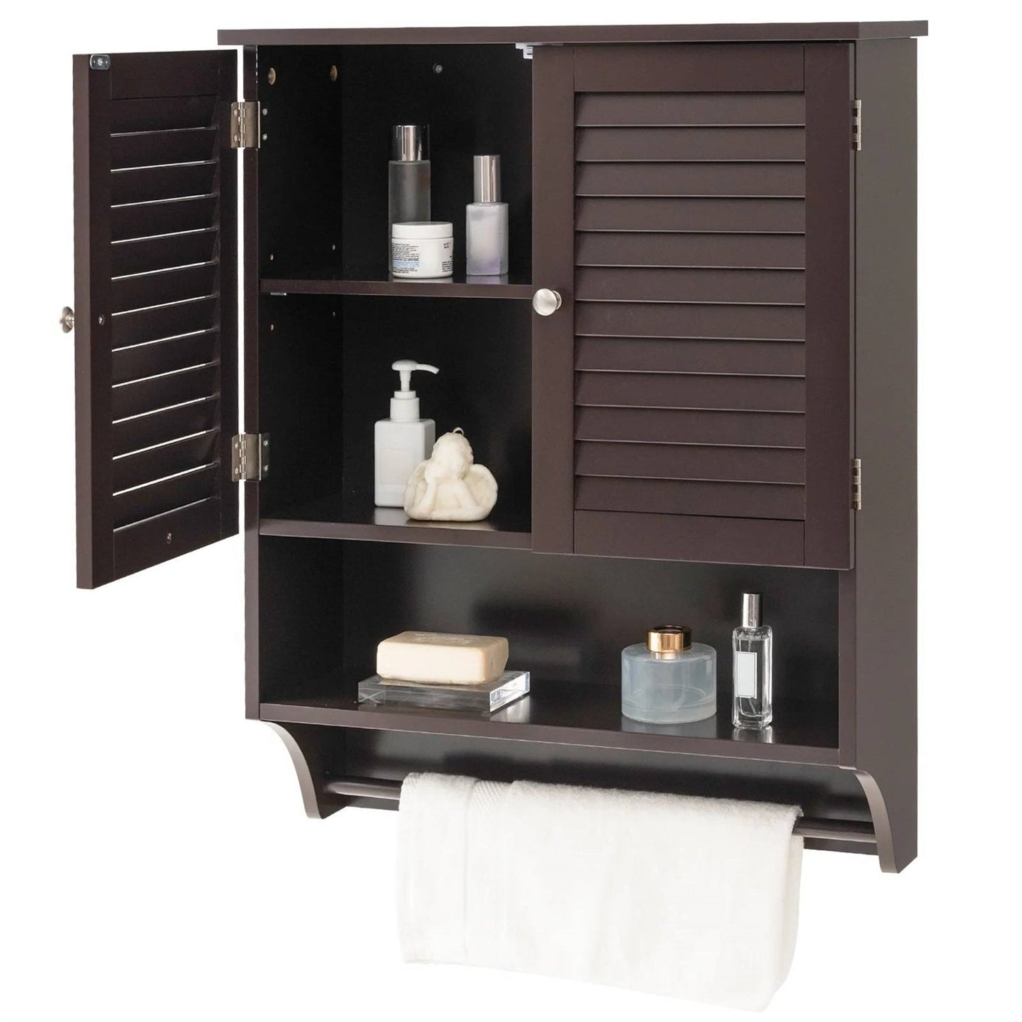 Brown Wall-Mounted Bathroom Medicine Cabinet with Louver Doors and Towel Bar, featuring multiple shelves and a towel holder