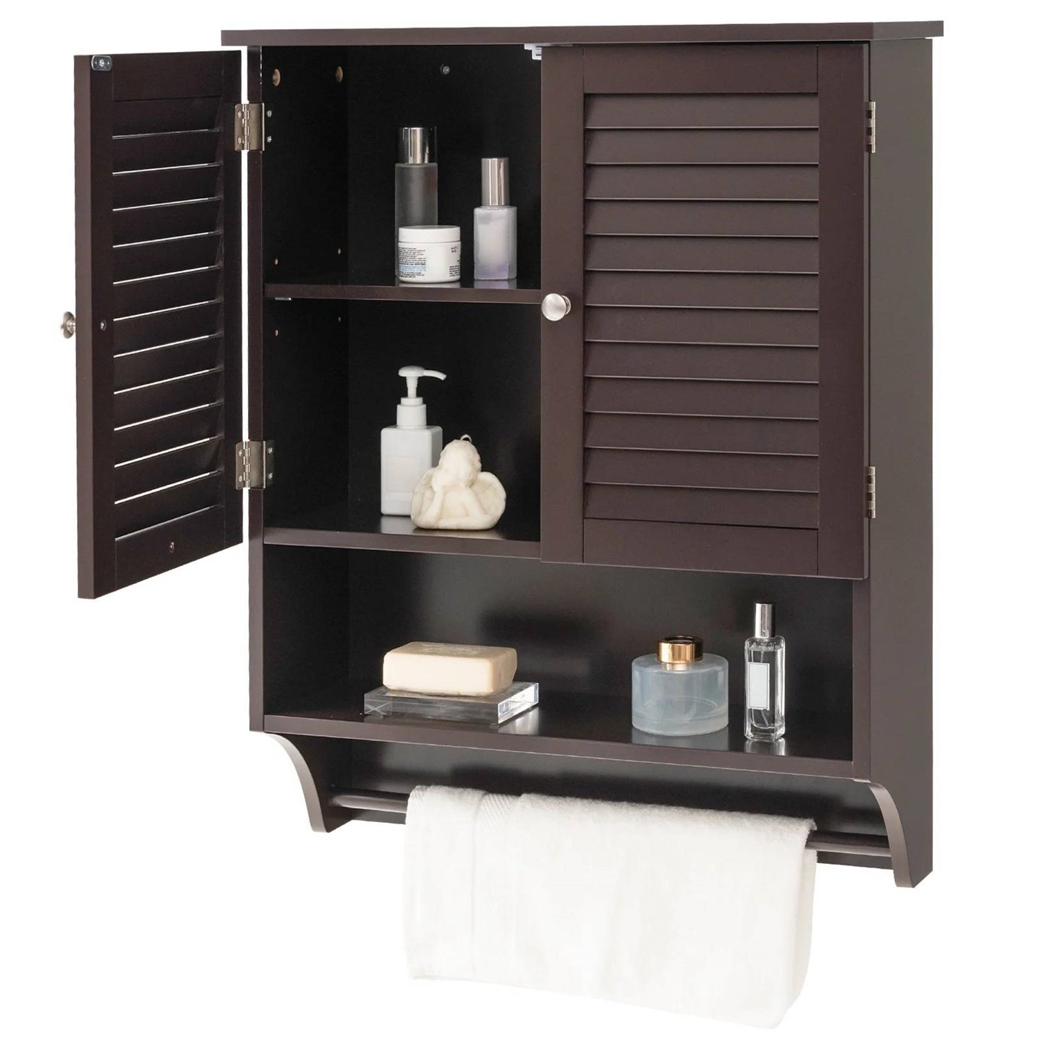 Brown Wall-Mounted Bathroom Medicine Cabinet with Louver Doors and Towel Bar, featuring multiple shelves and a towel holder