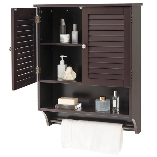 Brown Wall-Mounted Bathroom Medicine Cabinet with Louver Doors and Towel Bar, featuring multiple shelves and a towel holder
