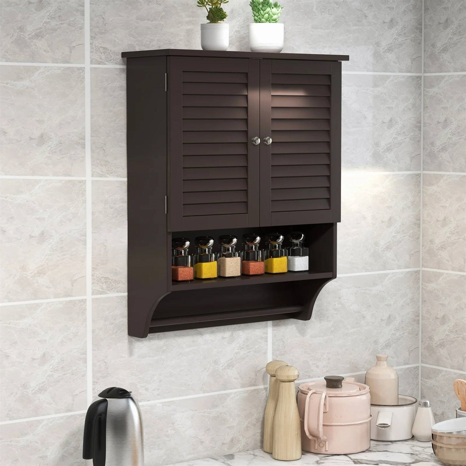 Brown Wall-Mounted Bathroom Medicine Cabinet with Louver Doors and Towel Bar in modern bathroom setting.