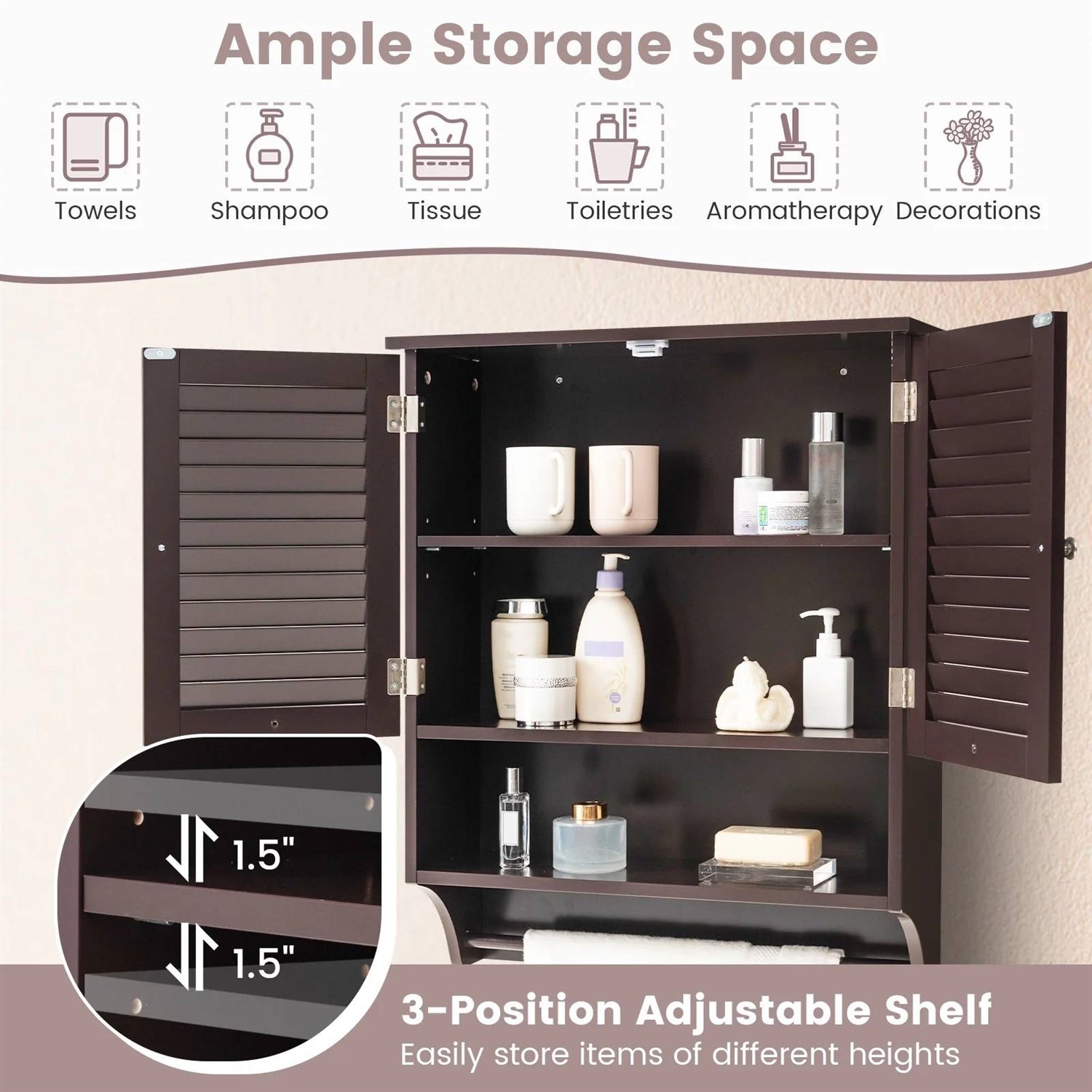 Brown Wall-Mounted Bathroom Medicine Cabinet with Louver Doors and Towel Bar showing ample storage space and adjustable shelves.