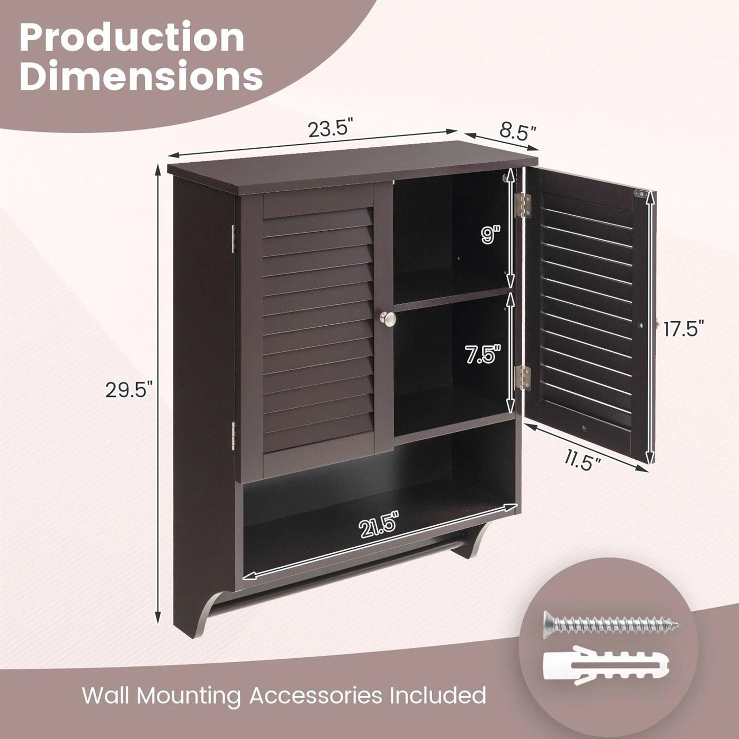 Dimensions of Brown Wall-Mounted Bathroom Medicine Cabinet with Louver Doors and Towel Bar