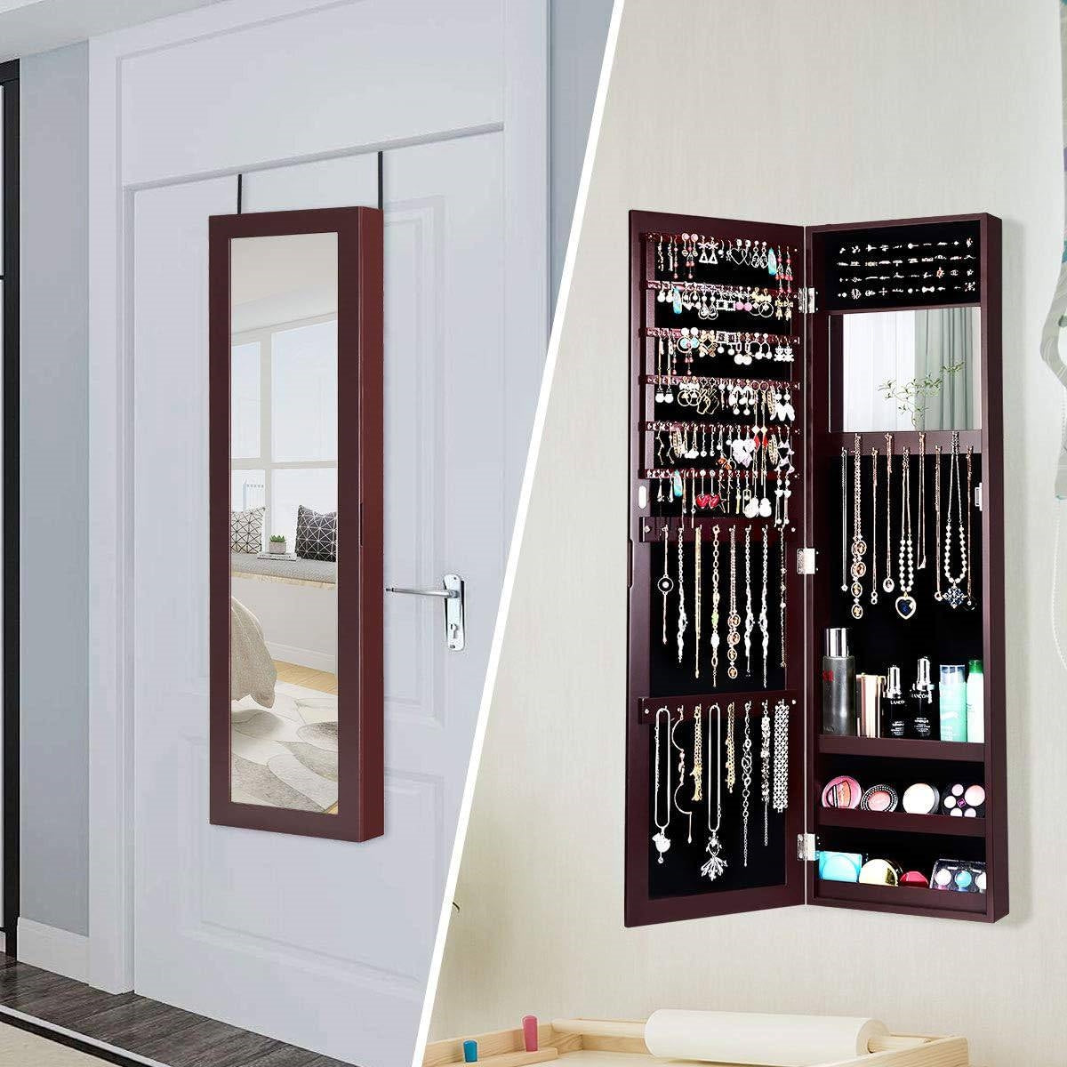 2-in-1 Dark Brown Wall or Door Mounted Jewelry Organizer Full Length Mirror with adjustable mounting for space-saving solutions.