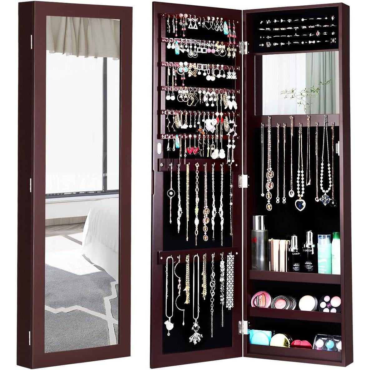 2-in-1 Dark Brown Wall or Door Mounted Jewelry Organizer Full Length Mirror with adjustable shelves and mirror for space saving