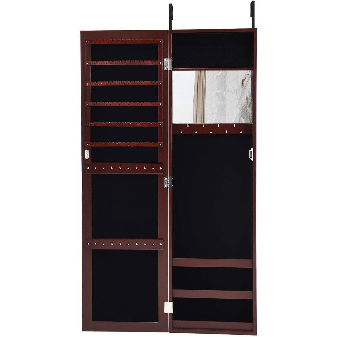 2-in-1 Dark Brown Wall or Door Mounted Jewelry Organizer Full Length Mirror with adjustable height and multiple storage shelves
