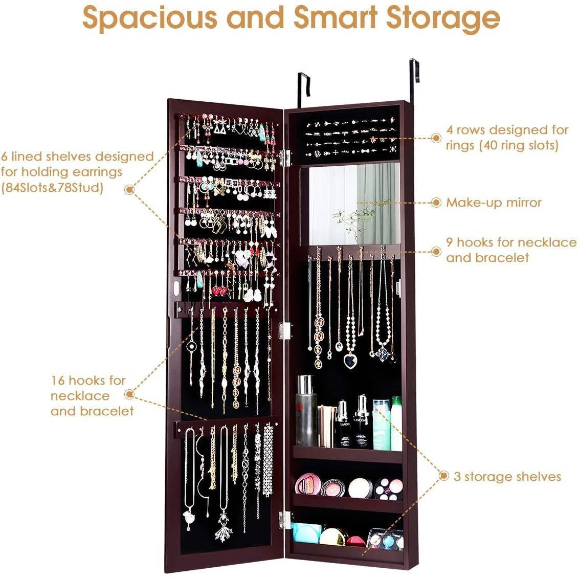 Open view of a 2-in-1 Dark Brown Wall or Door Mounted Jewelry Organizer Full Length Mirror showcasing hooks and shelves for jewelry storage.
