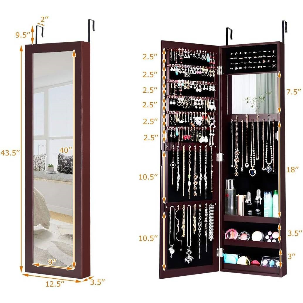 2-in-1 Dark Brown Wall or Door Mounted Jewelry Organizer Full Length Mirror with storage compartments and adjustable height.