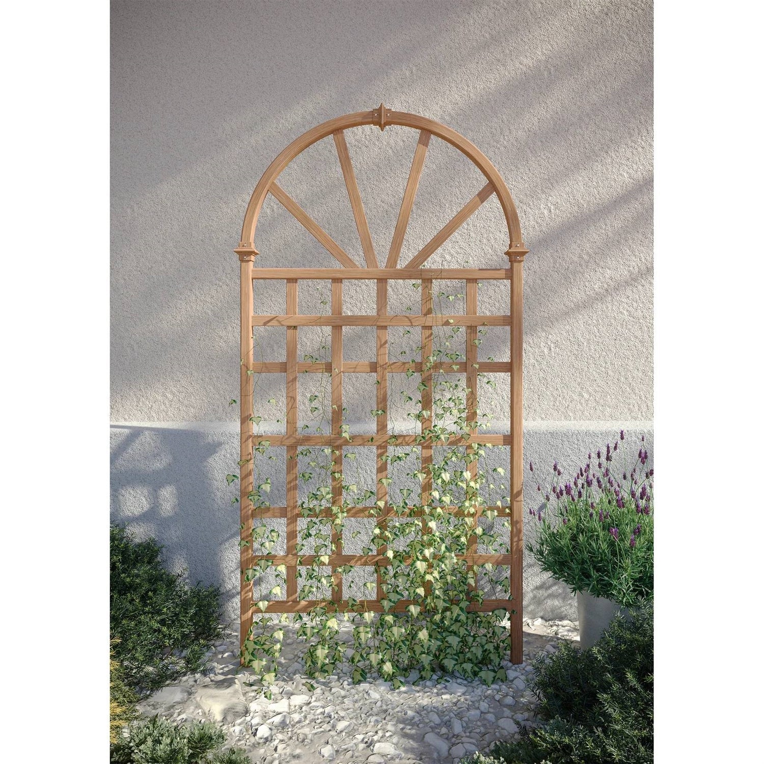 77-inch Outdoor Light Brown Vinyl Lattice Garden Trellis with Arched Top showcasing climbing plants in a garden setting.
