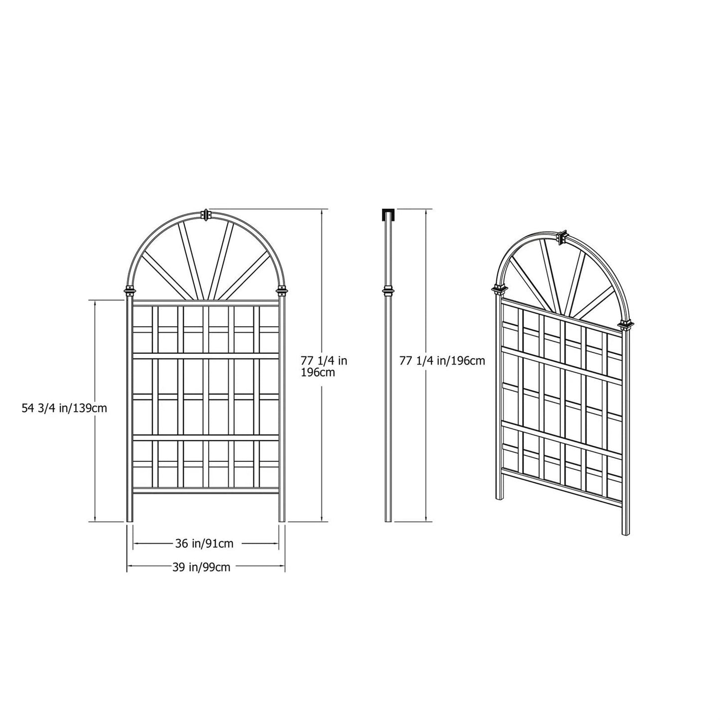 Dimensions of 77-inch Outdoor Light Brown Vinyl Lattice Garden Trellis with Arched Top, showing height and width measurements.