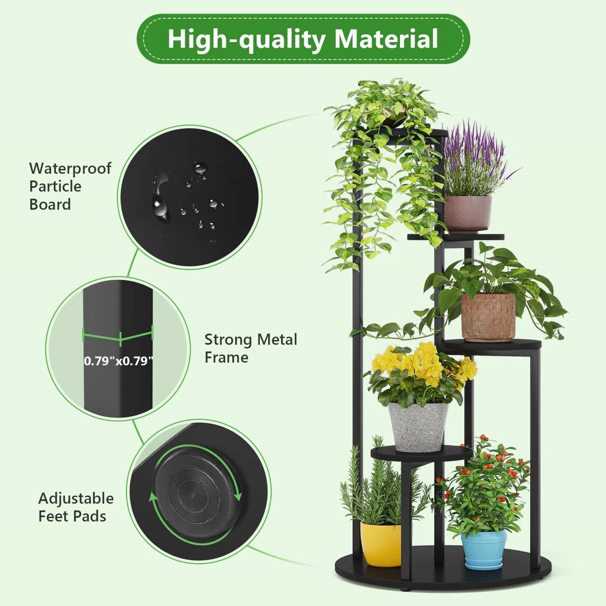 5-Tier Indoor Plant Stand with Black Metal Frame and Brown Wood Finish Shelves showcasing plants and materials.