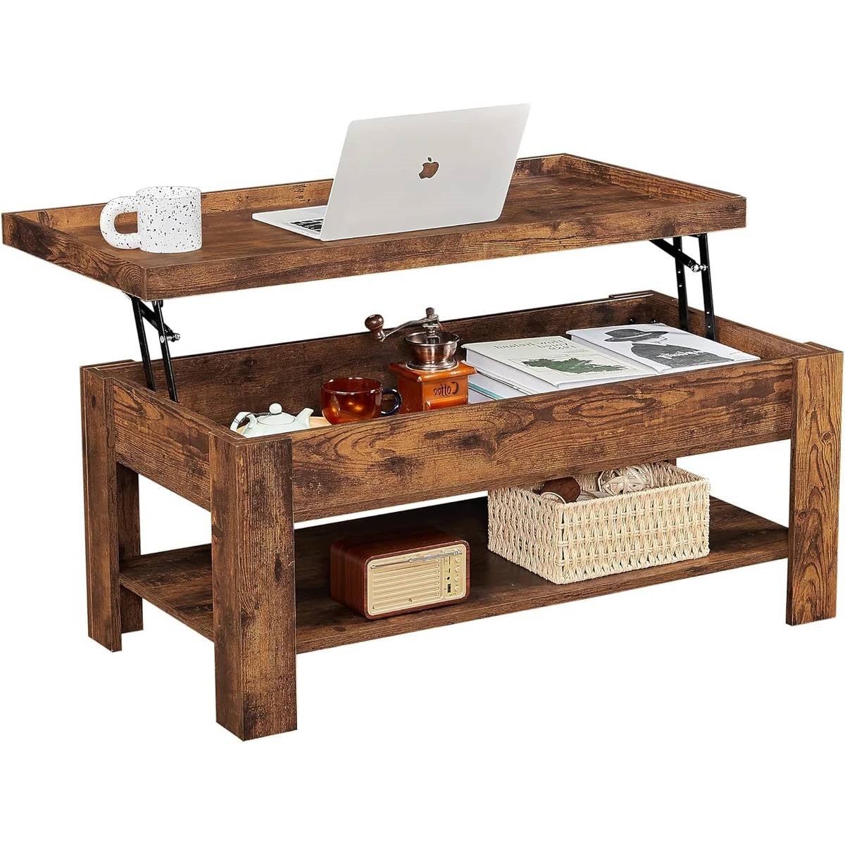 Modern Lift Top Coffee Table with Storage Shelf in Brown Wood Finish featuring adjustable tabletop, books, and accessories displayed.