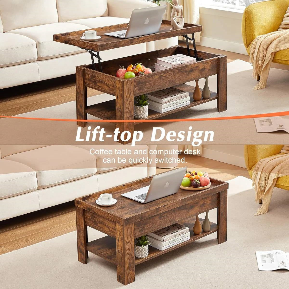 Modern Lift Top Coffee Table with Storage Shelf in Brown Wood Finish as a workspace and dining table in living room
