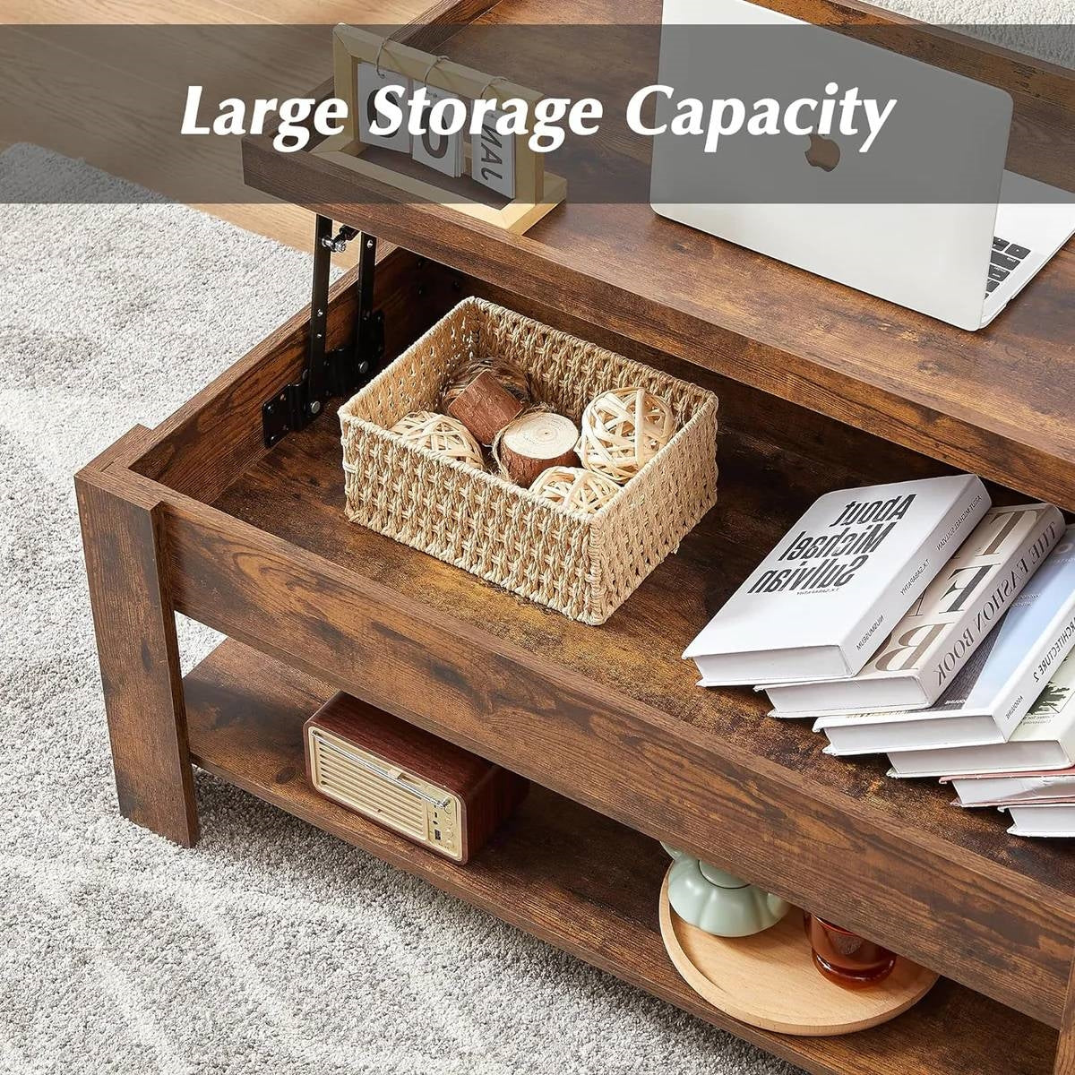 Modern Lift Top Coffee Table with Storage Shelf in Brown Wood Finish with large storage capacity and adjustable tabletop.