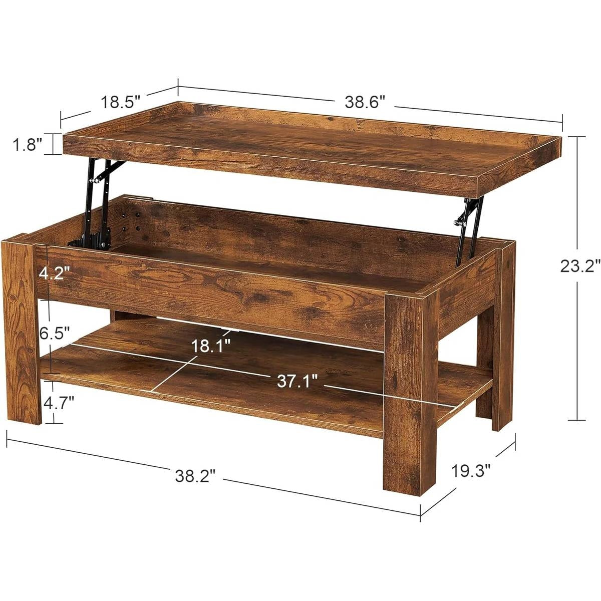 Modern Lift Top Coffee Table with Storage Shelf in Brown Wood Finish, adjustable tabletop shown raised, detailed dimensions displayed.