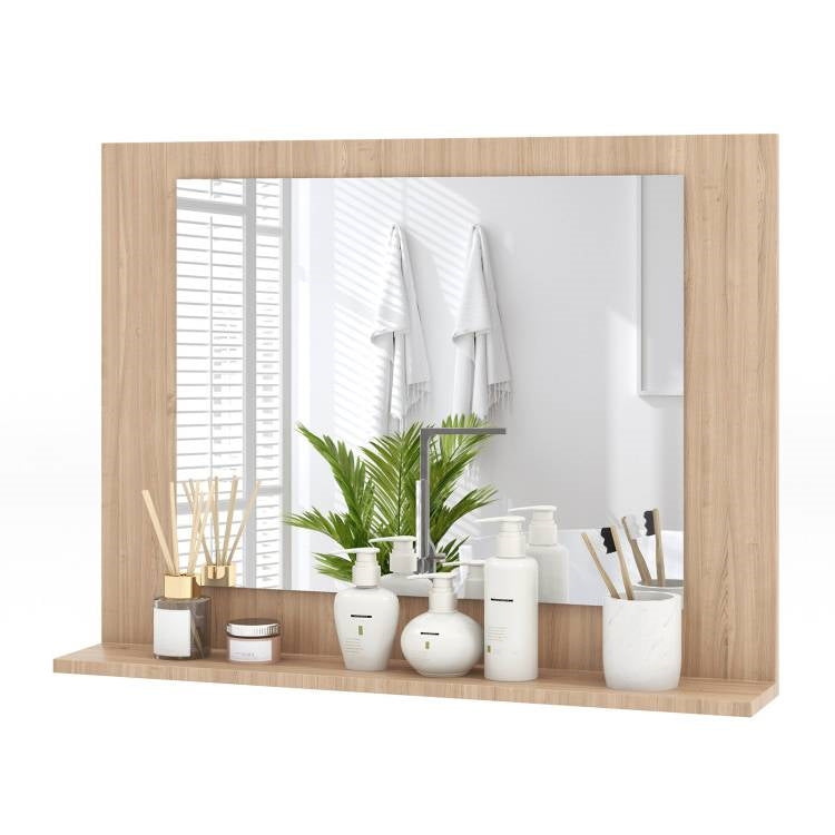 Rectangular 23 x 17 inch Bathroom Wall Mirror with Shelf in Brown Wood Finish displaying toiletries and decor against a bathroom wall.