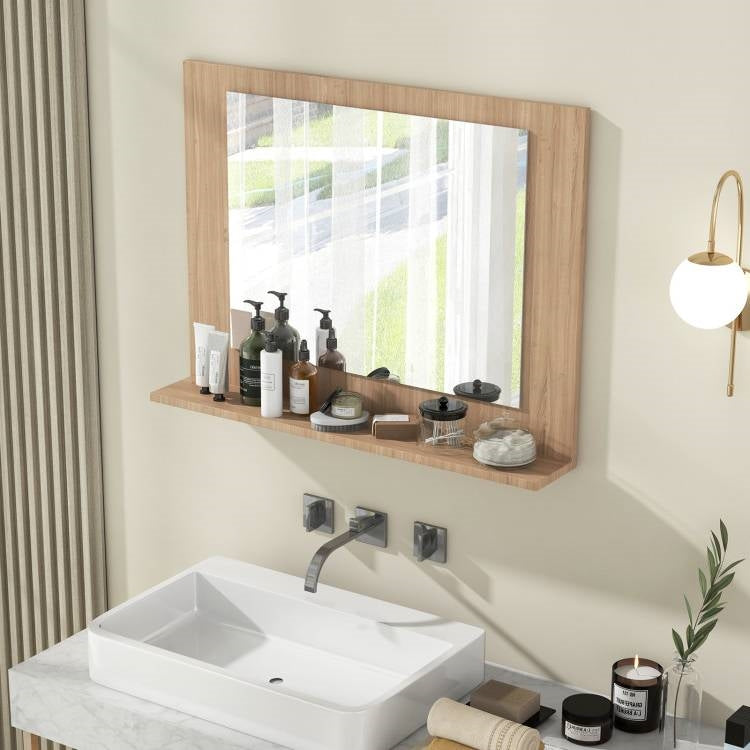 Rectangular 23 x 17 inch Bathroom Wall Mirror with Shelf in Brown Wood Finish above a sink