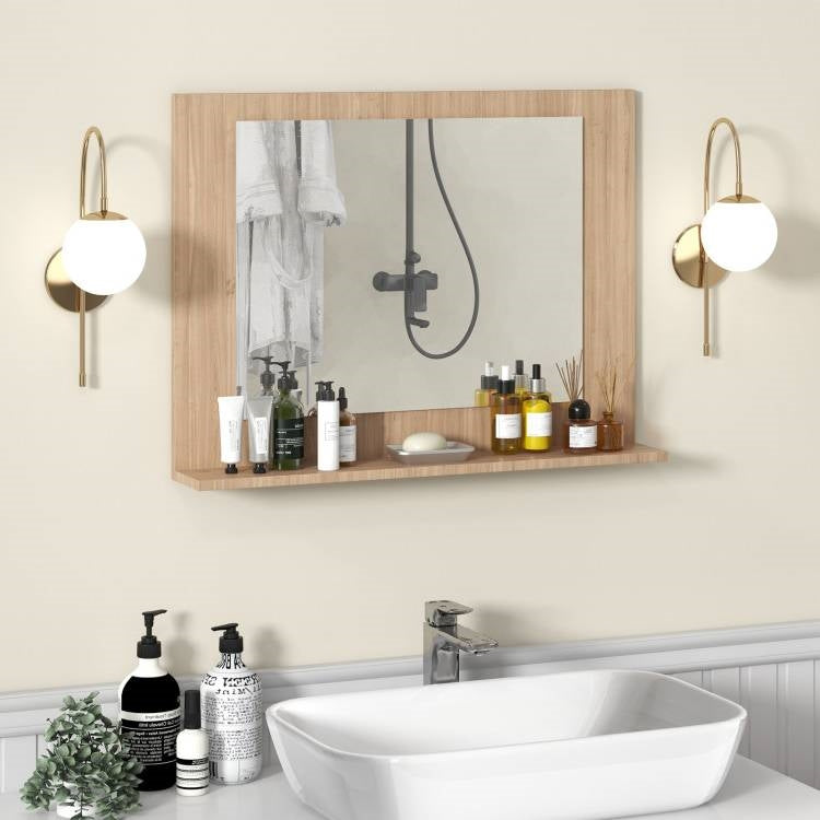 Rectangular 23 x 17 inch Bathroom Wall Mirror with Shelf in Brown Wood Finish above sink with decorative items