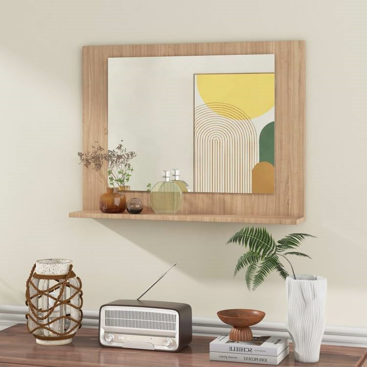 Rectangular 23 x 17 inch Bathroom Wall Mirror with Shelf in Brown Wood Finish, featuring a decorative shelf with items displayed.