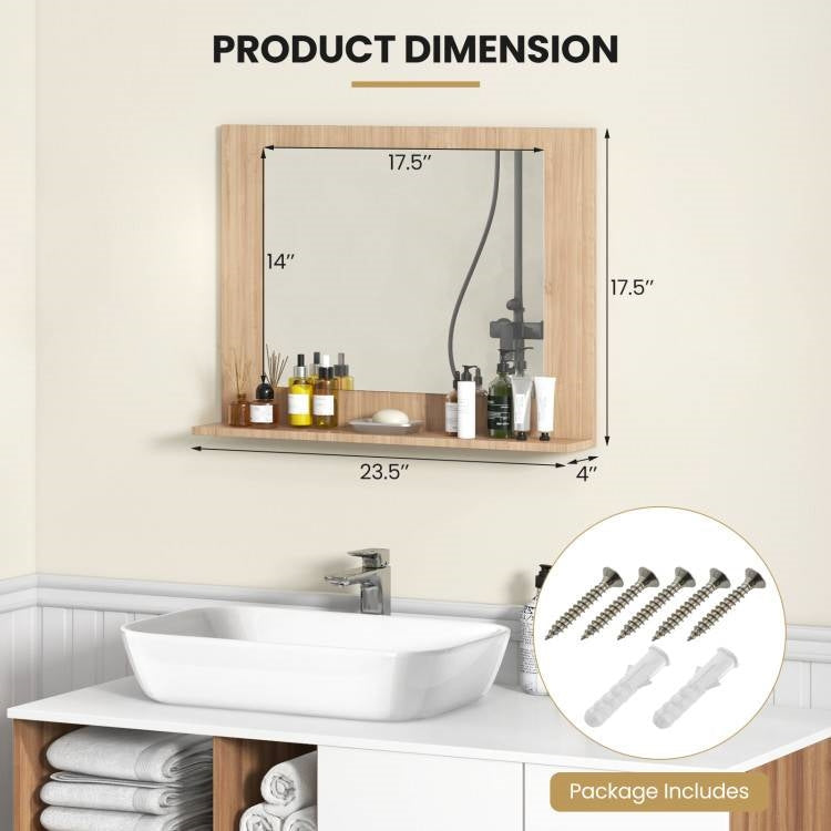 Rectangular 23 x 17 inch Bathroom Wall Mirror with Shelf in Brown Wood Finish above sink