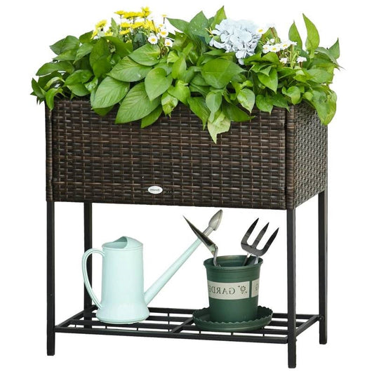 Brown Modern PE Rattan Wicker Raised Garden Bed Elevated Planter Box with plants and gardening tools