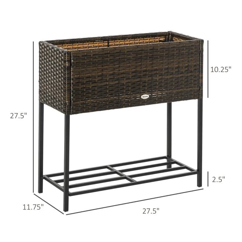 Brown Modern PE Rattan Wicker Raised Garden Bed Elevated Planter Box with measurements