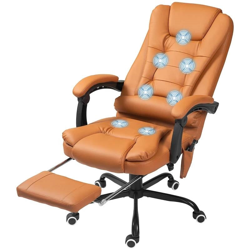 Brown 7 Mode Vibrating High Back Executive Massage Adjustable Office Chair with footrest extended and visible vibration nodes
