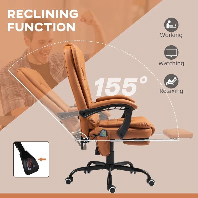 Brown 7 Mode Vibrating High Back Executive Massage Adjustable Office Chair with reclining feature shown at 155 degrees angle.